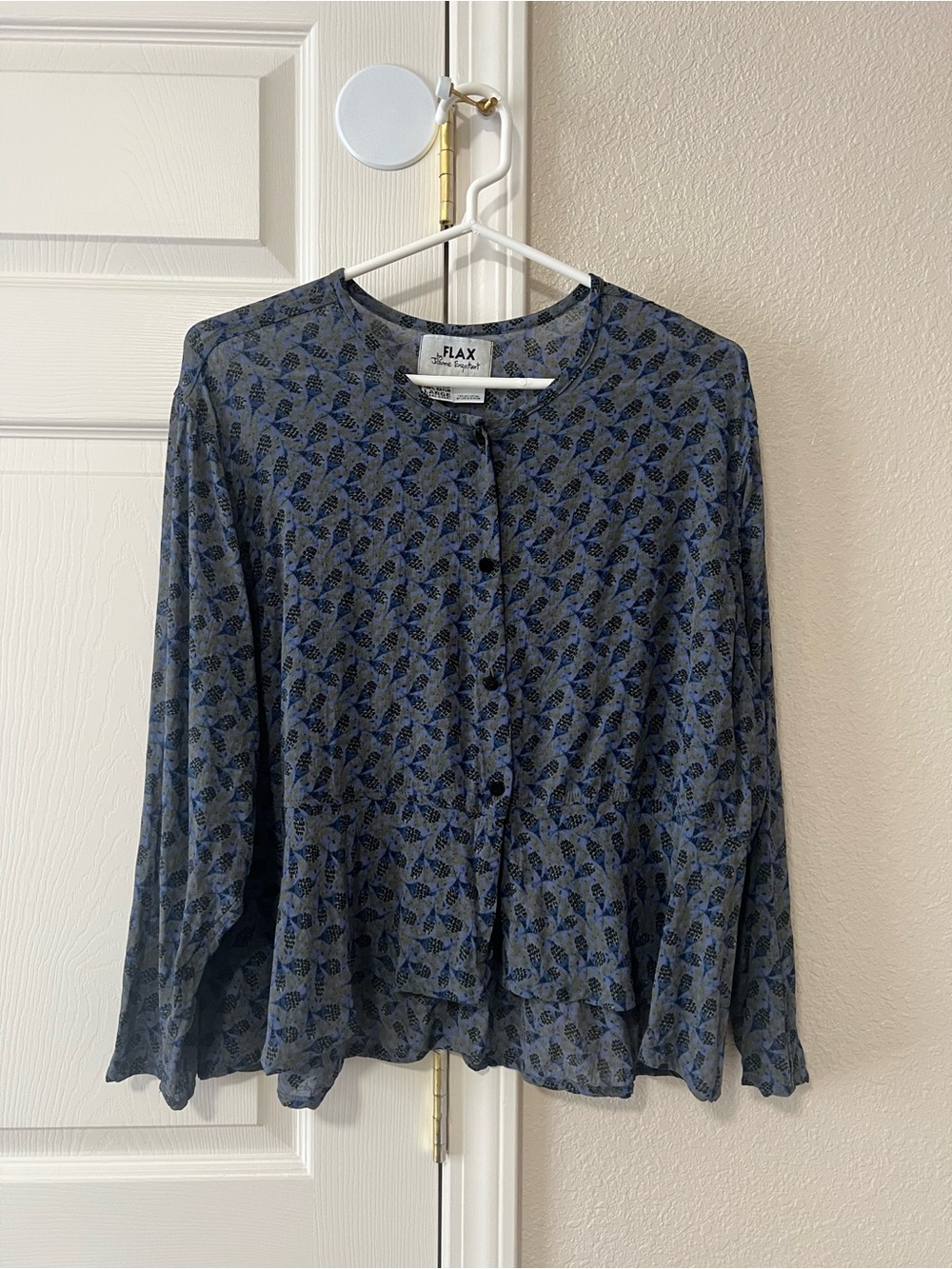 FLAX Jeanne Engelhart Vintage Blue Floral Rayon Button Front Peplum Blouse Large